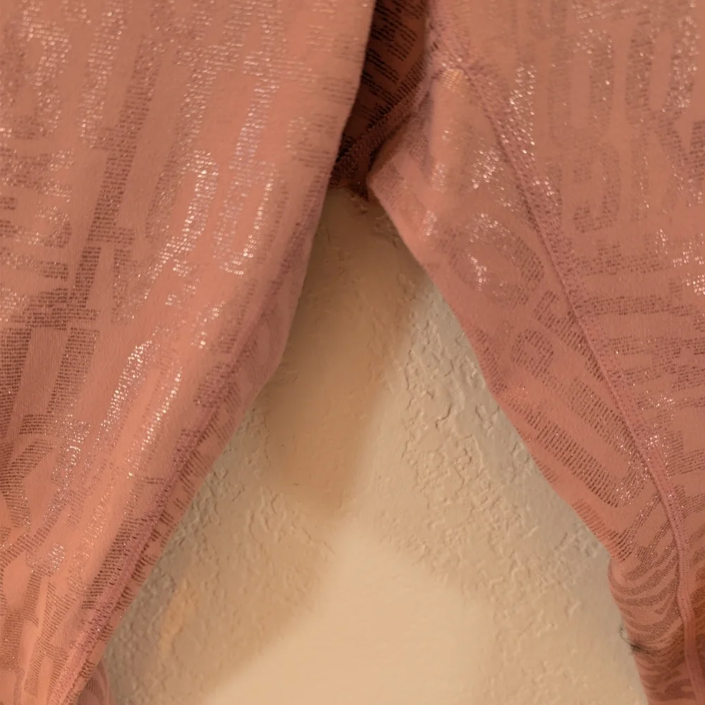 Fabletics Powerhold High Waisted Leggings Pink Sparkle Holographic Spell Out - Picture 6 of 7